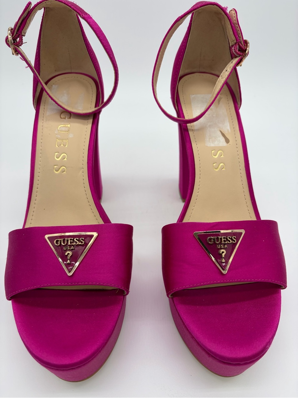 GUESS Hot Pink Satin Platform Ankle-Strap Sandals
